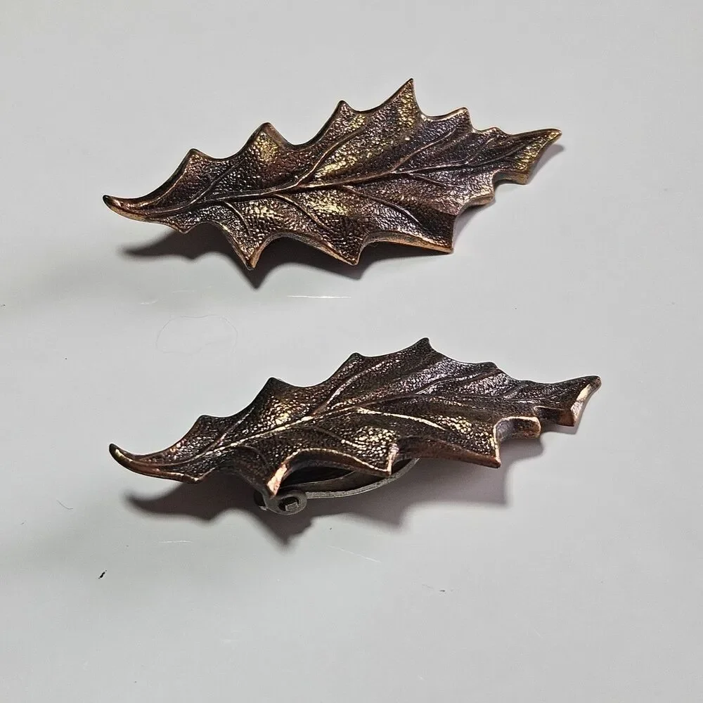 Ballou 1950's Copper Tone Metal Leaf Clip On Earrings Pat. 2583988
